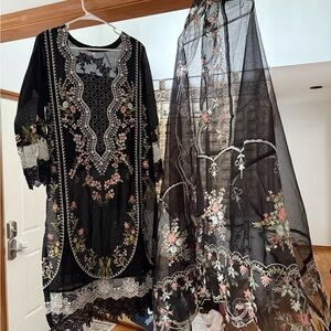 Black Floral Embroidered Dress with Matching Shawl